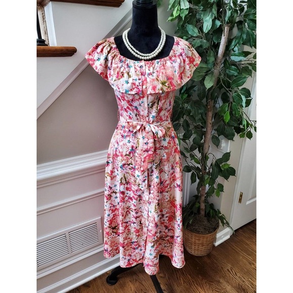 Multicolor Womens Floral Polyester Round Neck Cap Sleeve Length Dress Size Small - Picture 1 of 11